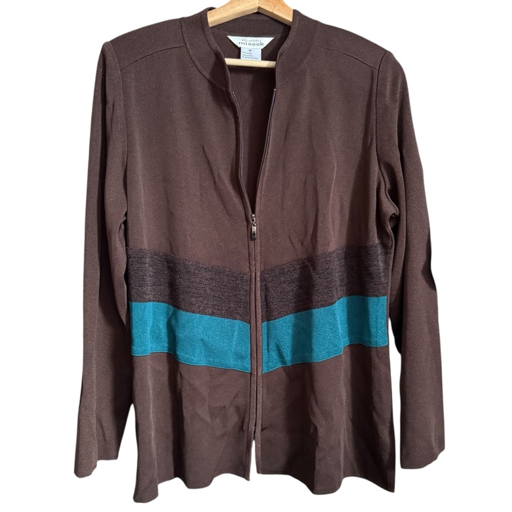 Exclusively Misook Brown Blue Zip Up Acrylic Knit Jacket Sweater Cardigan Medium